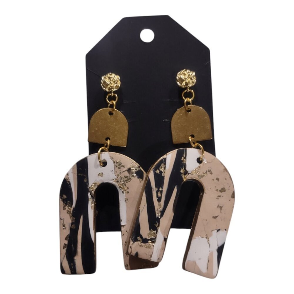 $3For10 DEAL - Handcrafted Marbled Black/Tan/Gold Arch Dangle Earrings